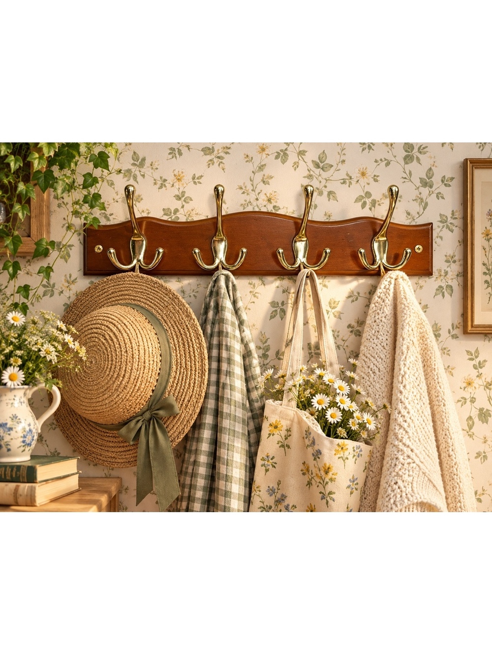 Wood Wall Coat Rack 4 Brass Double Hooks Vintage (cp36/wo1)